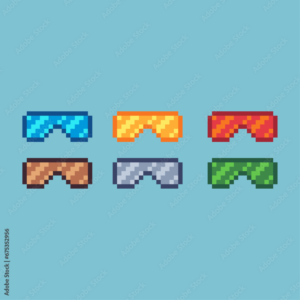 Poster pixel art sets of glasses with variation color item asset. simple bits of glasses pixelated style. 8