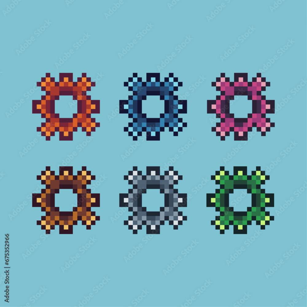 Poster pixel art sets of setting icon with variation color item asset. simple bits of setting icon pixelate