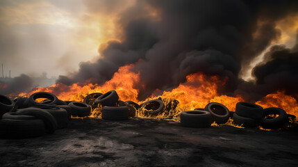 Large dump of used tires is burning with fire emitting black toxic smoke in pile on landfill, environmental pollution concept