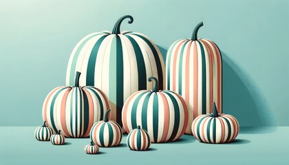 Obraz premium A group of cute striped pumpkins in pastel colors. Fashionable autumn Halloween composition.