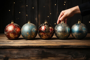 Retro Christmas balls made on an old wooden table, top view, woman doing craft,
