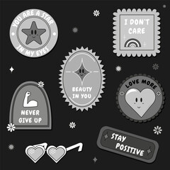 Black and white vintage stickers set. Trendy retro sticker cartoon shapes. Quote signs and comic characters labels.