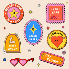 Colourful vintage stickers set. Trendy retro sticker cartoon shapes. Quote signs and comic characters labels.