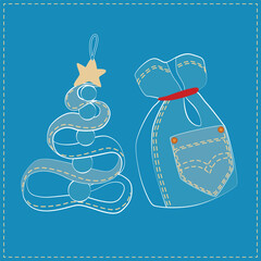 Christmas tree decoration -  a Christmas tree  and a bag of gifts. The decoration is sewn by hand from jeans, denim. Christmas Denim Collection