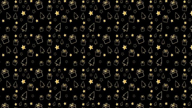 animated pattern of christmas trees, stars, giftboxes on black background, 4K animation.