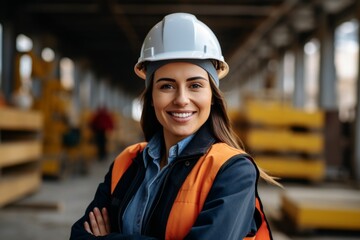 Happy woman in an engineer hard hat at a construction site. Work process, construction of a house