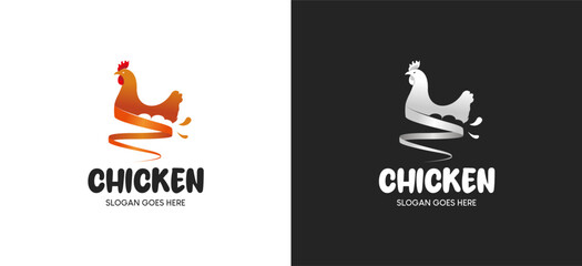 Chicken and egg logo design, vector illustration of the silhouette of a laying hen farm - obrazy, fototapety, plakaty