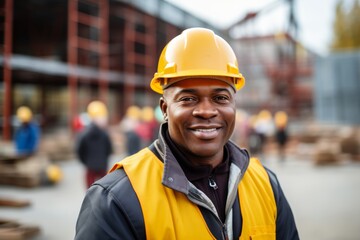 Fototapeta premium Happy african american man in an engineer hard hat at a construction site. Work process, construction of a house