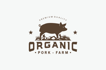 Broiler pig silhouette logo design, vintage rustic pig farm logo - obrazy, fototapety, plakaty