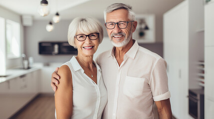 Obraz premium Elderly married stand smile.portrait of a couple in the kitchen