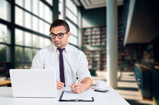 Mature businessman doing work in office, AI generated image
