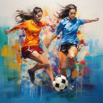 Painting art of women kick to football
