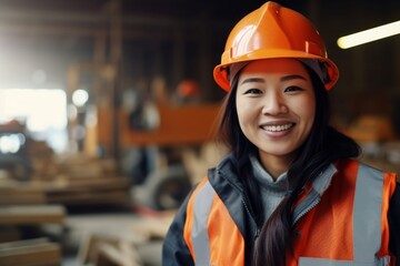 Happy asian woman in an engineer hard hat at a construction site. Work process, construction of a house - obrazy, fototapety, plakaty