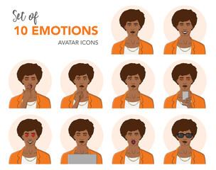 set of 10 emotions, vector avatar icons, beautiful professional black woman