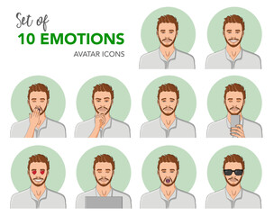 Set of 10 emotions, vector avatar icons, beautiful professional caucasian man