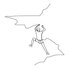 Continuous single line sketch drawing of man climbing a cliff mountain. One line extreme dangerous sport activity vector illustration