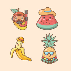 vector hand drawn fruit mango watermelon banana pineapple holiday beach party kawai cute illustration