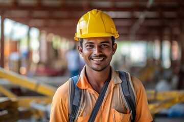 Happy indian man in an engineer hard hat at a construction site. Work process, construction of a house