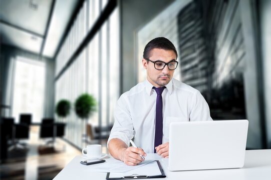 Mature businessman doing work in office, AI generated image