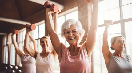 Papier Peint photo autocollant Fitness Cheerful senior women exercising their arms people in the gym