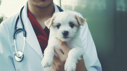 Veterinarian doctor holding cute little puppy in hands, closeup