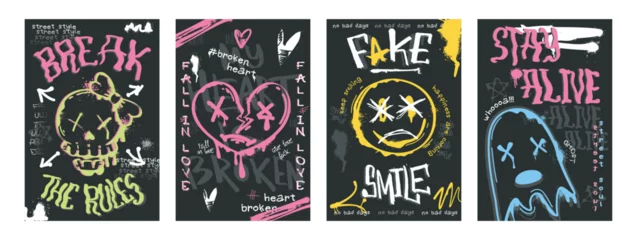 Papier Peint photo Graffiti Set of graffiti poster with spray paint skull, heart sign, ghost and smiling face emoji. Street art covers of splashes, ink drip splatter, faces in hand drawing style on black background. Urban design