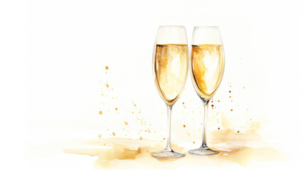 Watercolor artwork showcasing two champagne glasses filling with bubbly on white background, ideal for celebrating special moments and joyous occasions - obrazy, fototapety, plakaty