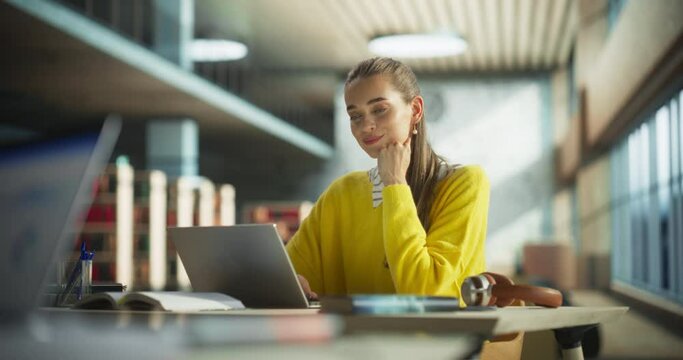 Beautiful Caucasian Female Student Working on Her College Degree Thesis on a Laptop Computer in Library. Young Stylish Female in a Yellow Jumper Studying an Online Course Alone in a Reading Hall