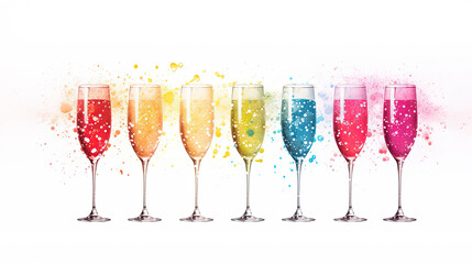 An exquisite watercolor painting illustrating champagne glasses filling with colored Sparkling drink on white canvas, evoking a sense of festivity and celebration - obrazy, fototapety, plakaty