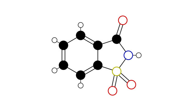 saccharin molecule, structural chemical formula, ball-and-stick model, isolated image e954