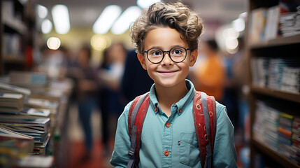 Fototapeta premium A schoolboy boy in the classroom is smiling with glasses, a smart curly-haired child.