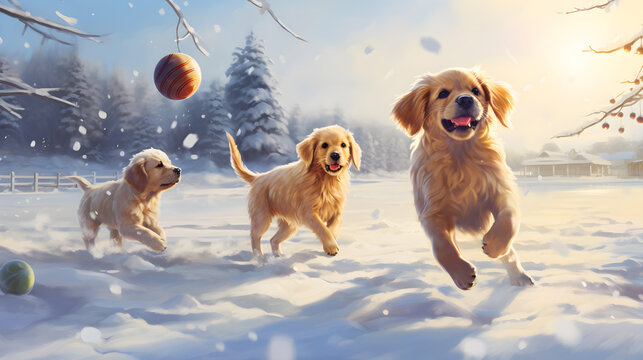 Cute dog playing outside in cold winter snow field with Christmas decorations.