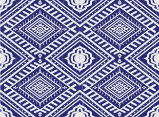 Tribal pattern ikat aztec art blue white abstract background ethnic folk embroidery geometric shapes wallpaper background vector illustration print decorative design classical