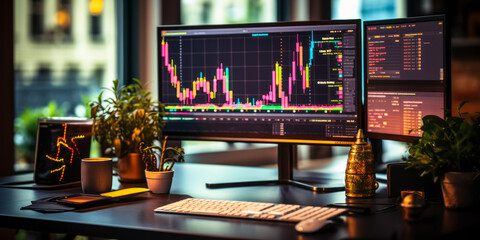 High-Tech Financial Trading: AI Analytics Displayed on Office Computer Screen