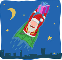 Santa Claus superhero cartoon with gift box background wishing Happy Holidays