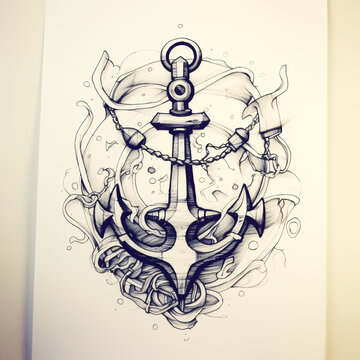 Anchor with storm and wind in the background. Nautical motif. Line drawing or tattoo painting on clean paper.