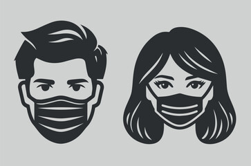 Female and male face in a medical mask. Simple black icon, logo