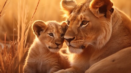 Lioness tenderly embraces her cub on golden savannah, warm sunsets paint the horizon.