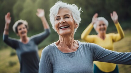 Happy Senior Caucasian Woman and Daughter Exercising Together in Joyful Retirement Fitness Class