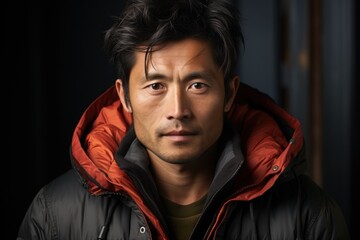 Fototapeta premium asiat man with beard, warm winter clothing, focused expression, portrait, outdoor lifestyle, black hair, cozy atmosphere.