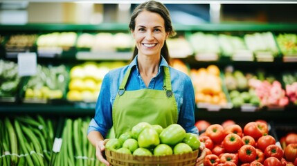 Female market employee posing in front of the fruit and vegetable aisle