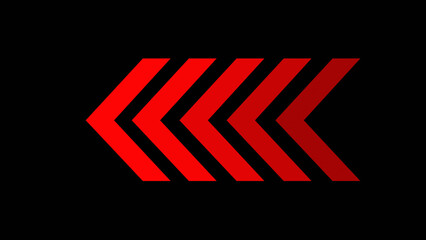 Red glowing left arrows. 4K silhouette arrows in red color isolated on black chroma key background. Seamless loop. Direction banner