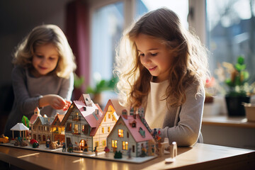 Kids girls playing at home in wooden toys constructor for kids building a house. The development of children's motor skills is beneficial for the child's mind. - obrazy, fototapety, plakaty
