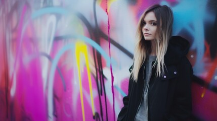 Woman posing in front of a colorful wall on the street