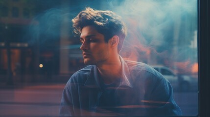 Close-up of a young man on the street at night - obrazy, fototapety, plakaty