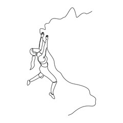 Continuous single line sketch drawing of woman climbing a cliff mountain. One line extreme dangerous sport activity vector illustration