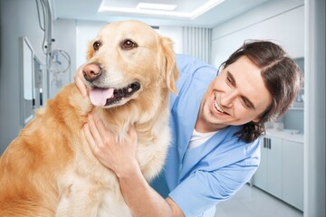 Young happy Veterinarian and dog Pet in a Clinic, AI generated image