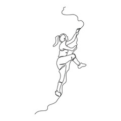 Continuous single line sketch drawing of woman climbing a cliff mountain. One line extreme dangerous sport activity vector illustration