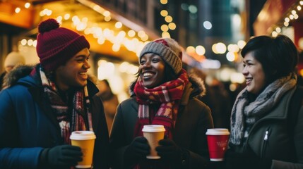 A group of friends having fun together on a lighted street one evening