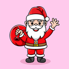 cute santa claus is saying hello and carrying a bag of gifts